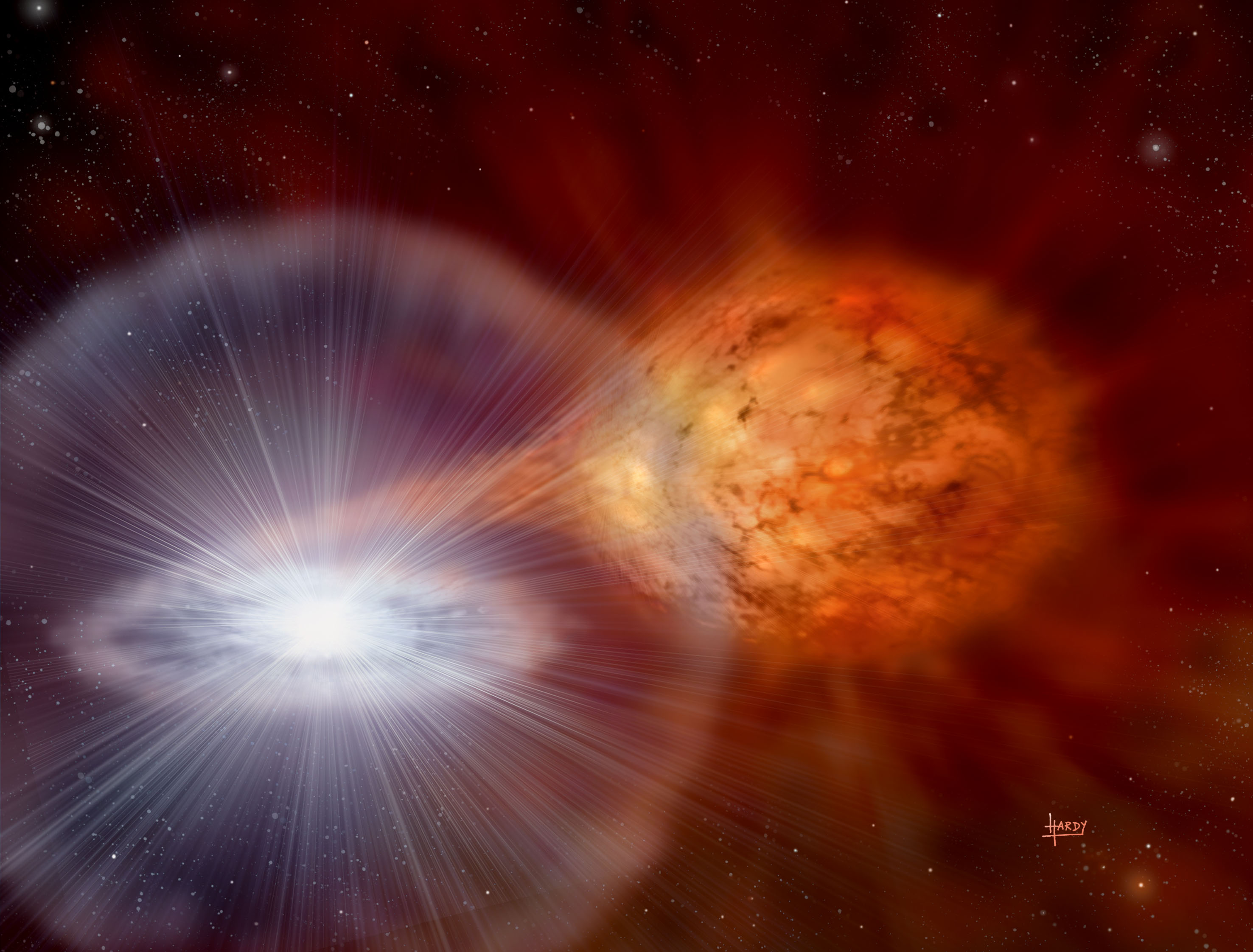 A white dwarf accreting material from a non-degenerate companion. Copyright: David A. Hardy/AstroArt.org. 